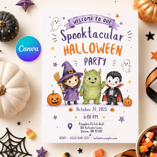 Watercolor Halloween Party Invitation — editable Canva template