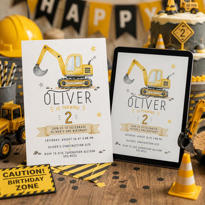 Construction Birthday Invitation, Excavator Truck 2nd Birthday Party Printable Editable Canva Template