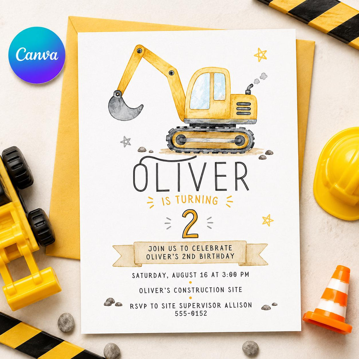 Construction Birthday Invitation, Excavator Truck 2nd Birthday Party Printable Editable Canva Template