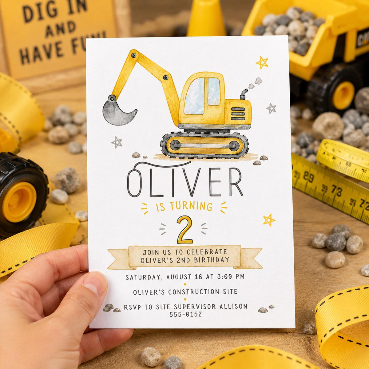 Construction Birthday Invitation, Excavator Truck 2nd Birthday Party Printable Editable Canva Template