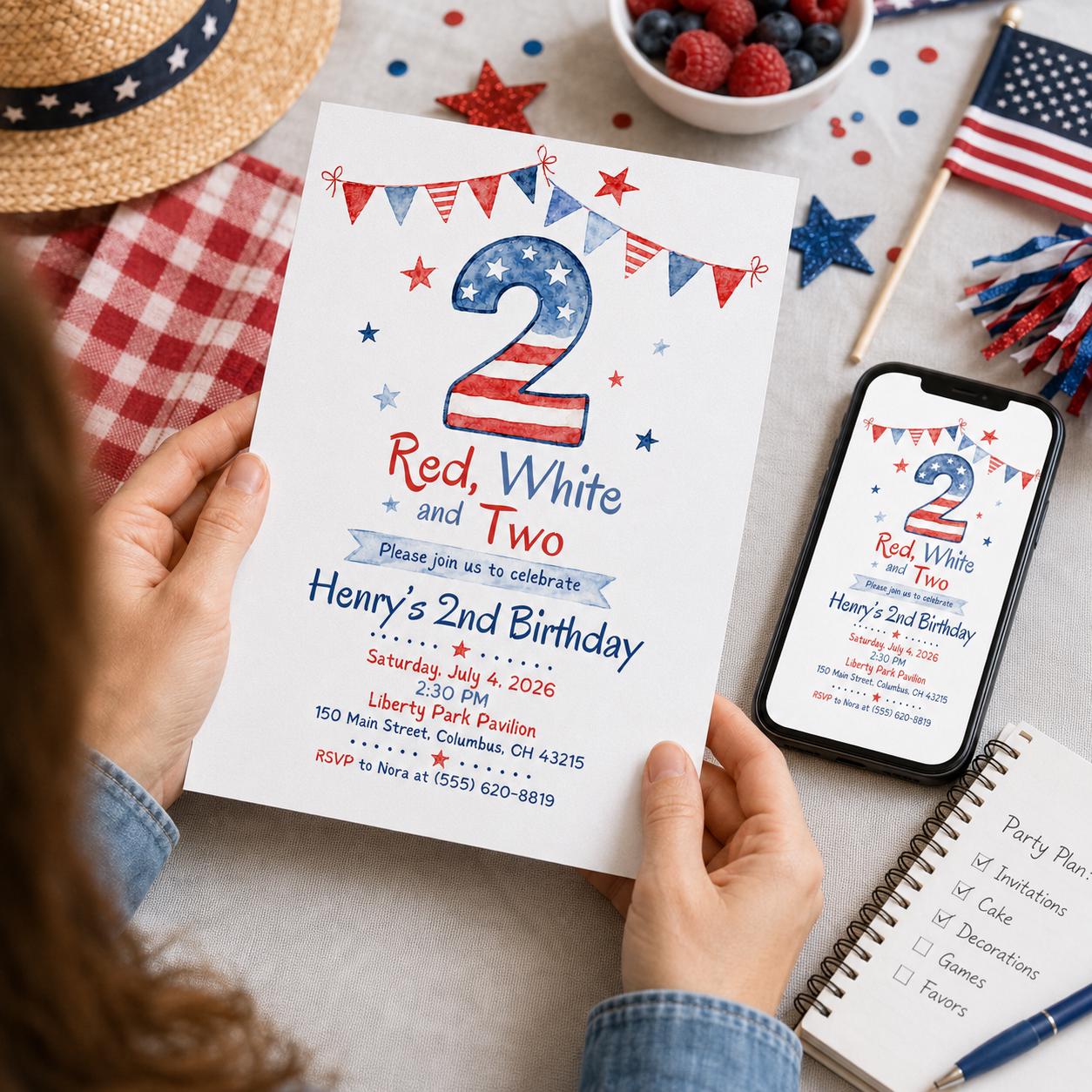 Red White and Two Invitation, Patriotic 2nd Birthday July 4th Party Invite, Printable Canva Template