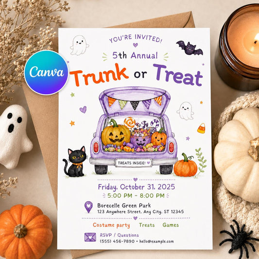 Trunk or Treat Invitation: Halloween Costume Party Flyer Kids — editable Canva template