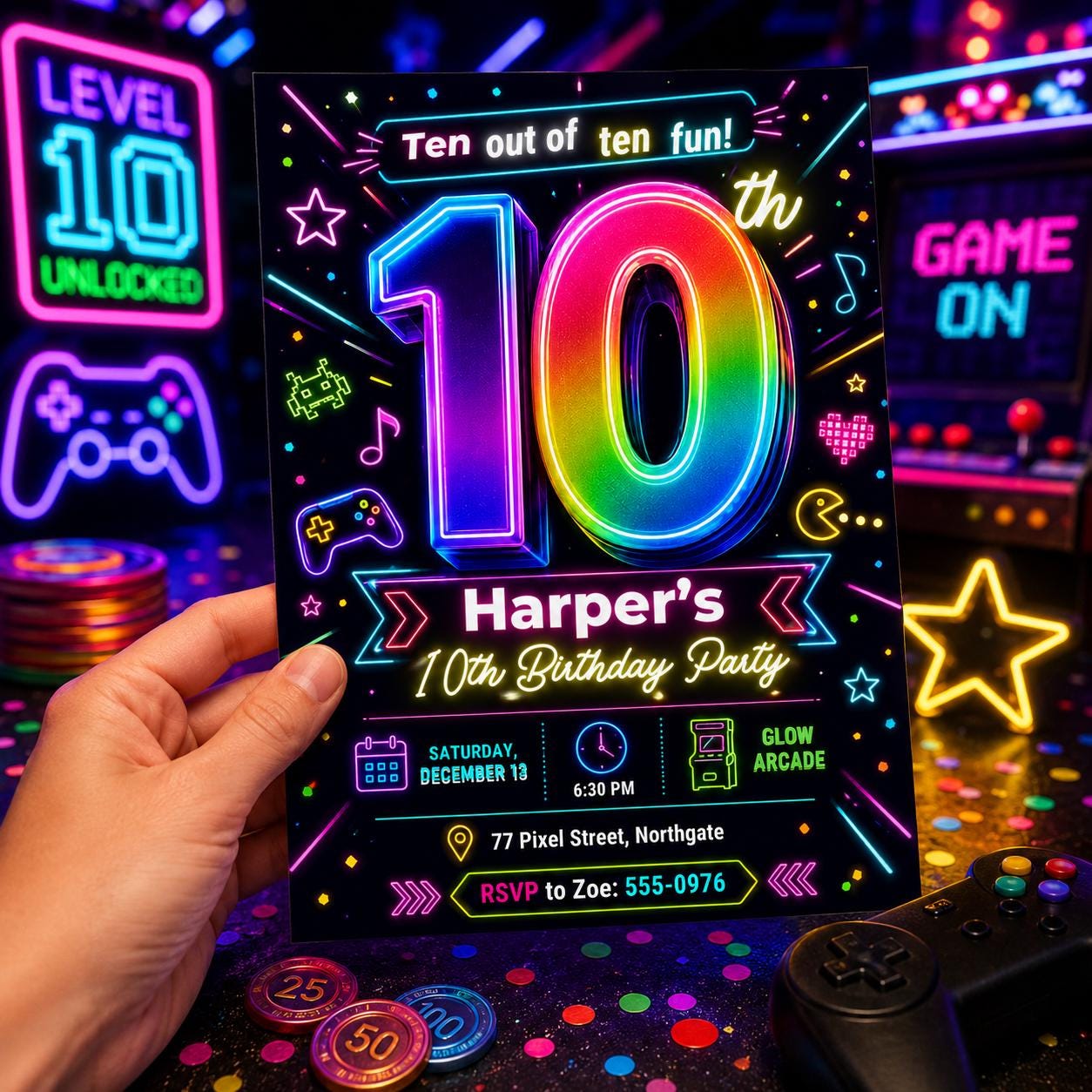 Neon Glow Birthday Invitation, Arcade 10th Party Invite Tween Teen Printable Canva Template