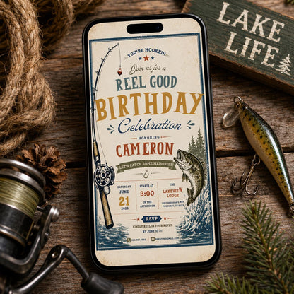 Fishing Birthday Invitation, Reel Good Birthday Party Invite Vintage Printable Editable Canva Template