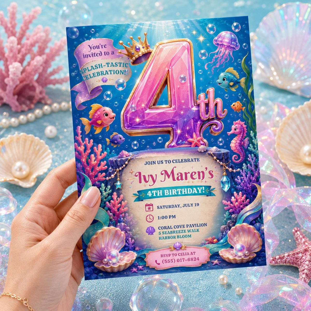 Mermaid 4th Birthday Invitation, Under the Sea Girl Party Invite, Ocean Editable Printable Canva