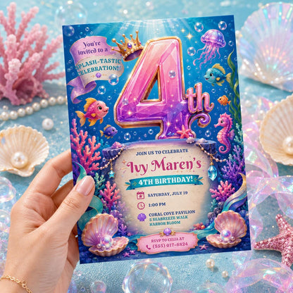 Mermaid 4th Birthday Invitation, Under the Sea Girl Party Invite, Ocean Editable Printable Canva