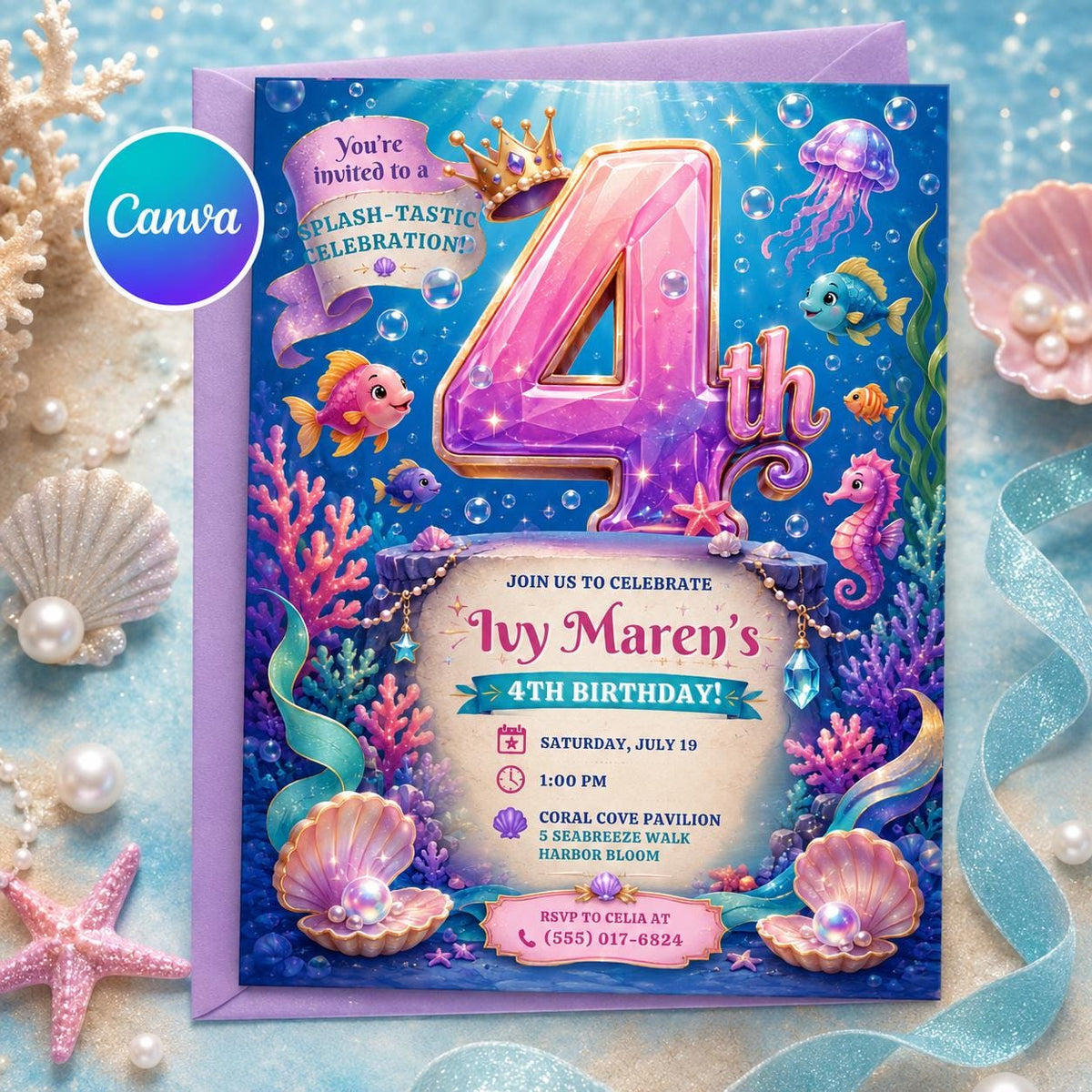 Mermaid 4th Birthday Invitation, Under the Sea Girl Party Invite, Ocean Editable Printable Canva