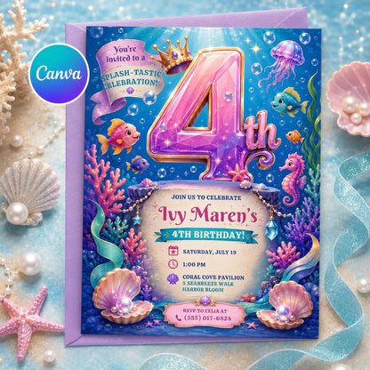Mermaid 4th Birthday Invitation, Under the Sea Girl Party Invite, Ocean Editable Printable Canva