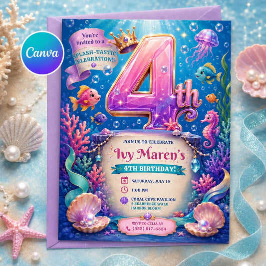 Mermaid 4th Birthday Invitation, Under the Sea Girl Party Invite, Ocean Editable Printable Canva