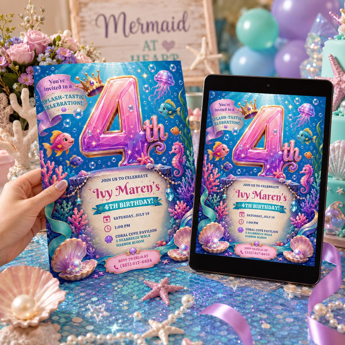 Mermaid 4th Birthday Invitation, Under the Sea Girl Party Invite, Ocean Editable Printable Canva