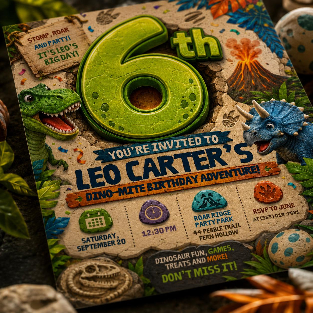 Dinosaur Birthday Invitation, 6th Birthday Boy Dino Party Editable Printable Canva Template