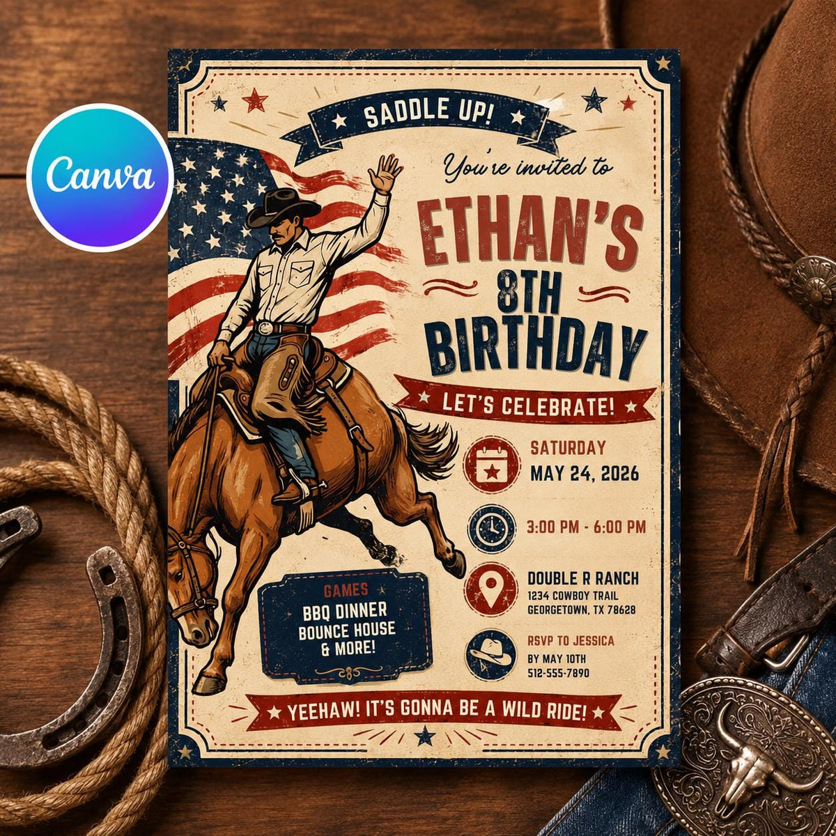 Cowboy Birthday Invitation, Western Rodeo Party Editable Printable Canva Template