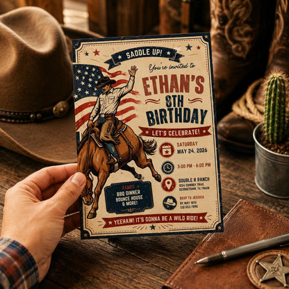 Cowboy Birthday Invitation, Western Rodeo Party Editable Printable Canva Template