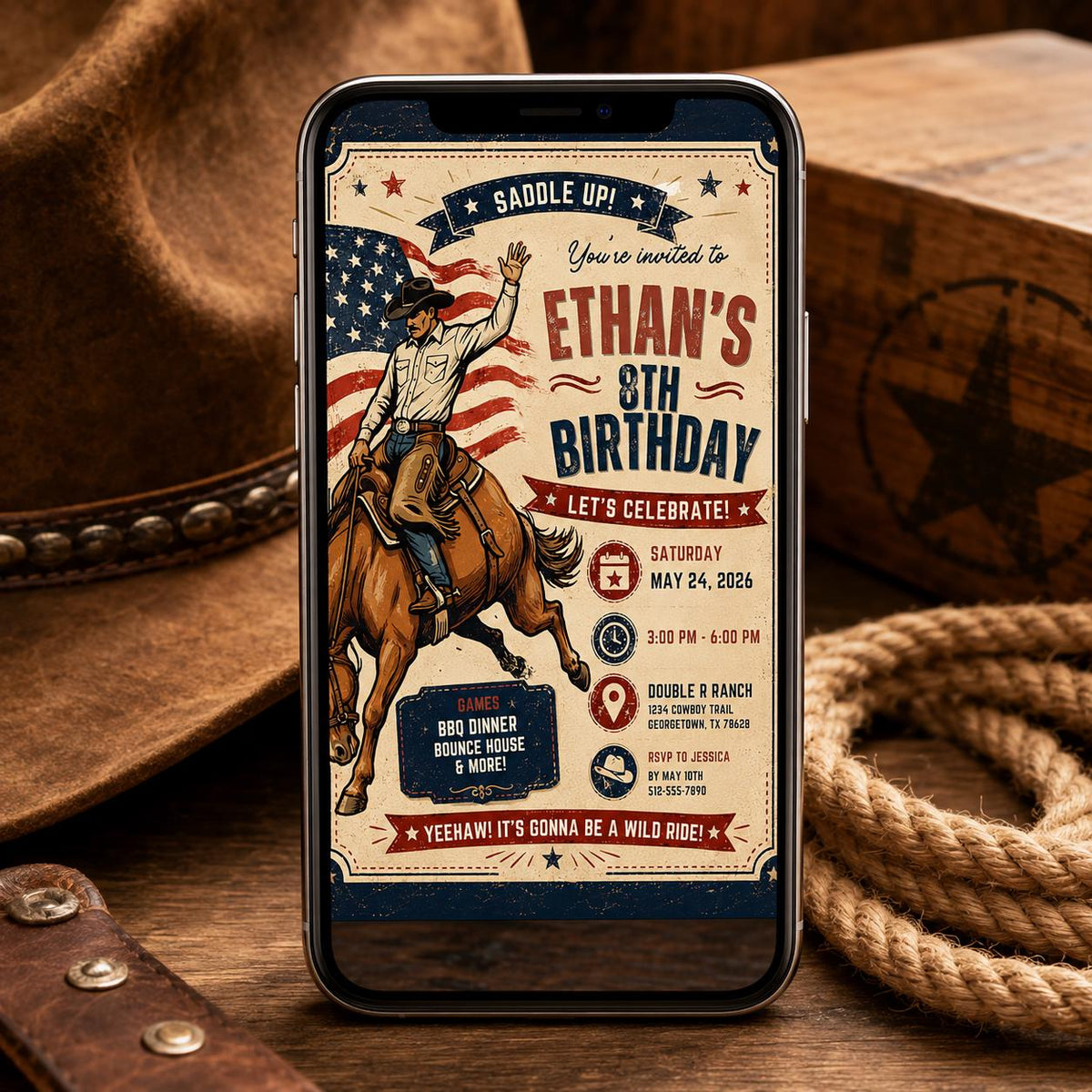 Cowboy Birthday Invitation, Western Rodeo Party Editable Printable Canva Template
