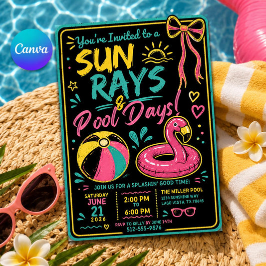 Neon Pool Party Invitation — editable Canva template