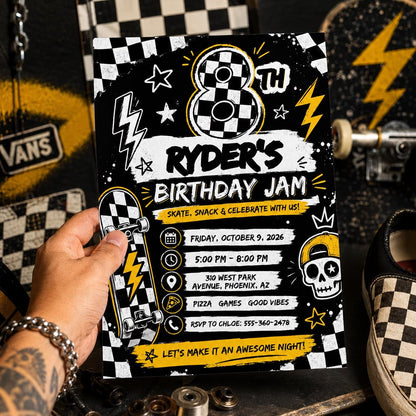 Skateboard Birthday Invitation, Checkered Skater Boy Invite Editable Canva Template