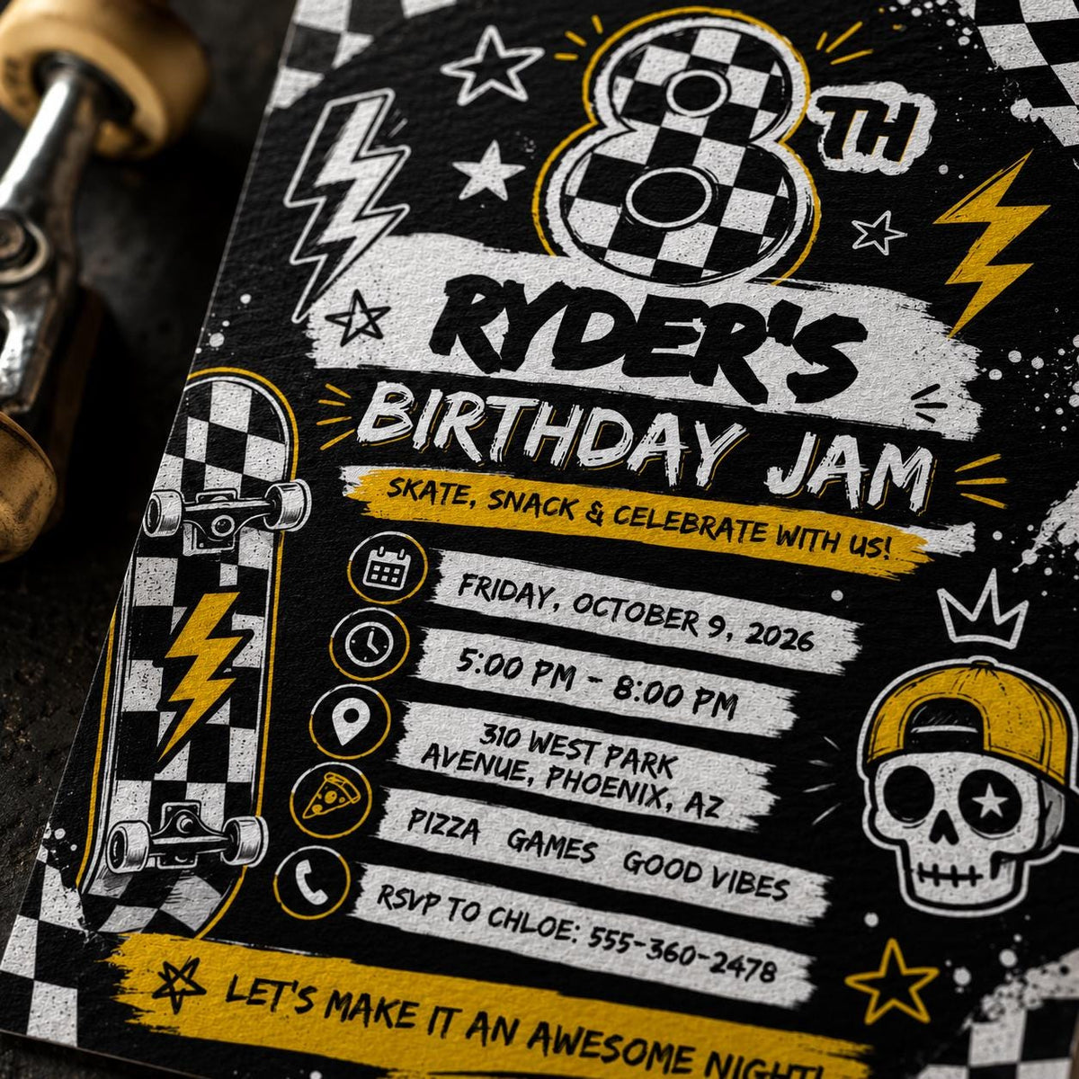 Skateboard Birthday Invitation, Checkered Skater Boy Invite Editable Canva Template