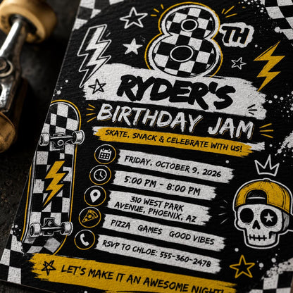Skateboard Birthday Invitation, Checkered Skater Boy Invite Editable Canva Template