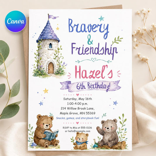 Storybook Birthday Invitation, Teddy Bear Castle Girl 6th Birthday Printable Canva Template