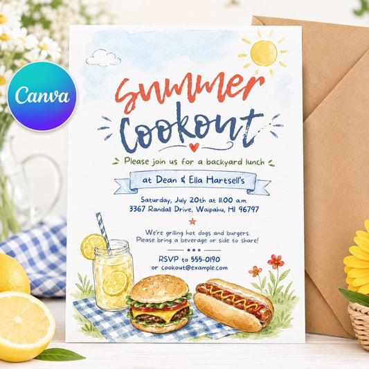 Watercolor Summer Cookout Invitation — editable Canva template