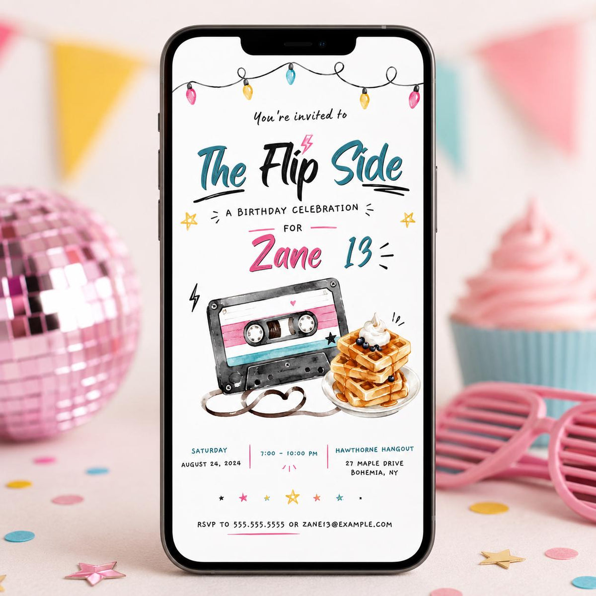 80s Birthday Invitation, Retro Flip Side Teen Party Invite, Cassette Tape Printable Canva Template
