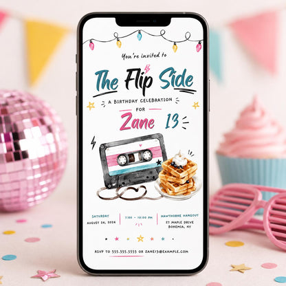 80s Birthday Invitation, Retro Flip Side Teen Party Invite, Cassette Tape Printable Canva Template