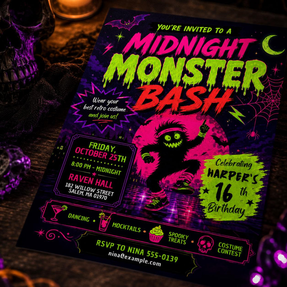 Neon Halloween Birthday Invitation, Monster Bash 16th Teen Costume Party Editable Canva Template