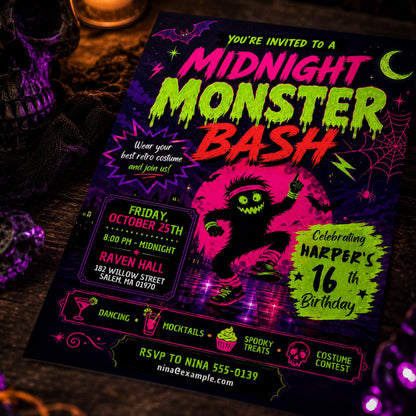 Neon Halloween Birthday Invitation, Monster Bash 16th Teen Costume Party Editable Canva Template