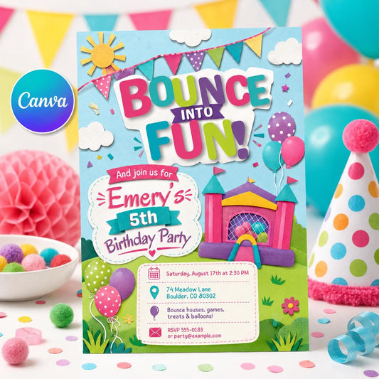 Bounce House Birthday Invitation, Colorful 5th Birthday Jump Party Editable Printable Canva Template