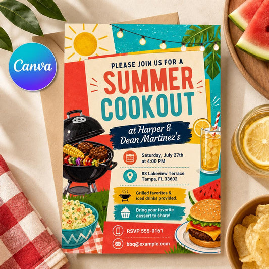 Summer Cookout Invitation, Backyard BBQ Party Grill and Chill Editable Printable Canva Template
