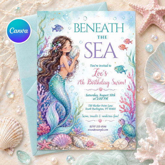 Mermaid Birthday Invitation, Under the Sea 7th Birthday Girl Swim Party Editable Printable Canva Template