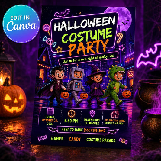 Neon Halloween Party Invitation: Kids Costume Parade Glow Party — editable Canva template