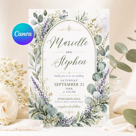 Eucalyptus Wedding Invitation, Watercolor Greenery Botanical Arch Invite, Elegant Editable Printable Canva Template