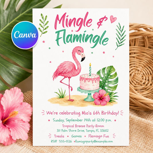 Flamingo Birthday Invitation, Tropical Girl 6th Birthday Party Invite, Pink Watercolor Flamingle Editable Printable Canva Template