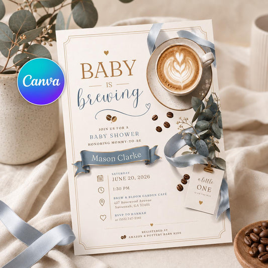 Coffee Baby Is Brewing Baby Shower Invitation for Boys — editable Canva template