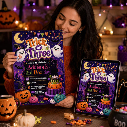 Trick or Three Birthday Invitation, Cute Halloween 3rd Birthday Ghost Pumpkin Party, Editable Printable Canva Template