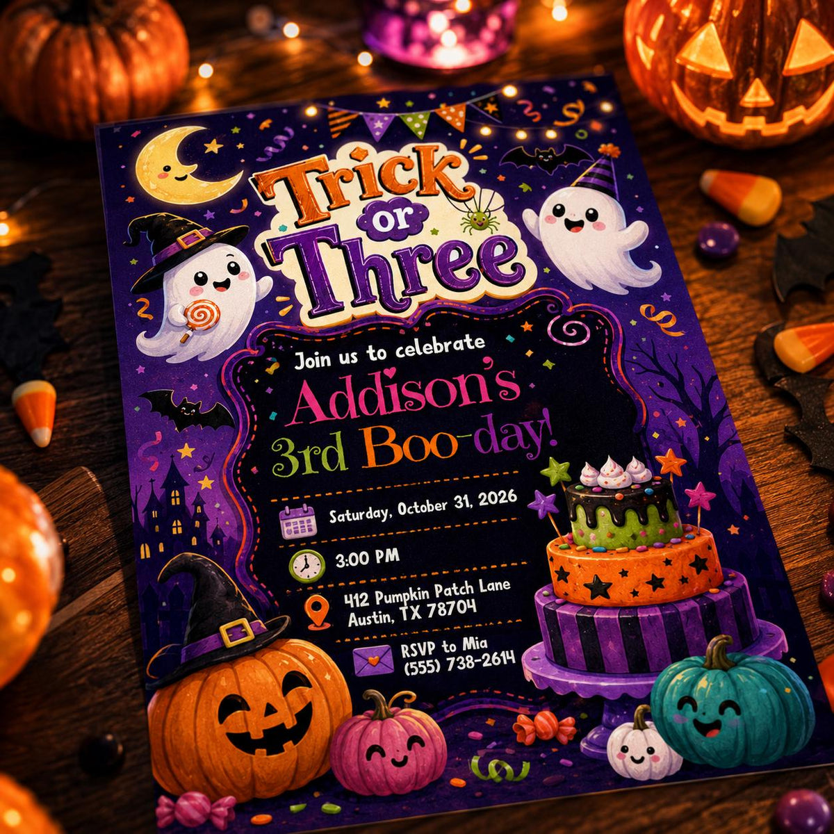 Trick or Three Birthday Invitation, Cute Halloween 3rd Birthday Ghost Pumpkin Party, Editable Printable Canva Template