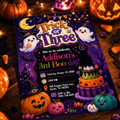 Trick or Three Birthday Invitation, Cute Halloween 3rd Birthday Ghost Pumpkin Party, Editable Printable Canva Template
