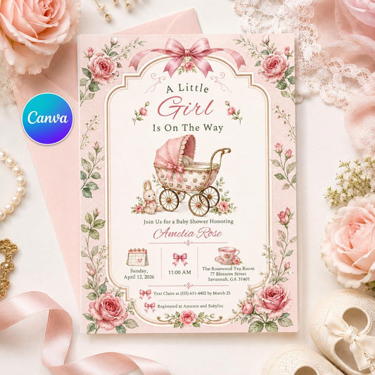 Pink Vintage Girl Baby Shower Invitation — editable Canva template