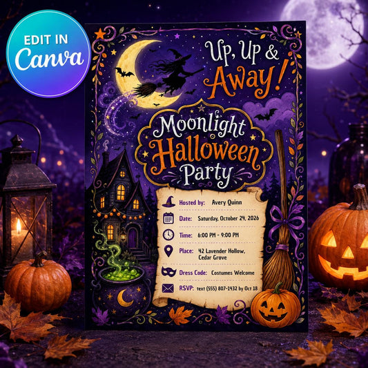 Purple Watercolor Halloween Party Invitation — editable Canva template
