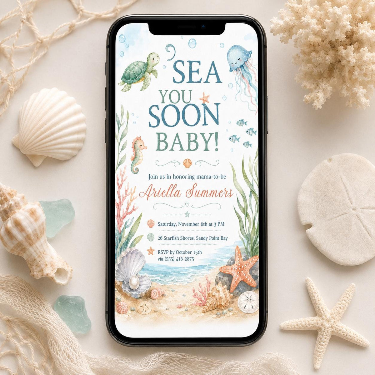 Sea You Soon Baby Shower Invitation, Under the Sea Ocean Animals Invite, Coastal Beach Printable,