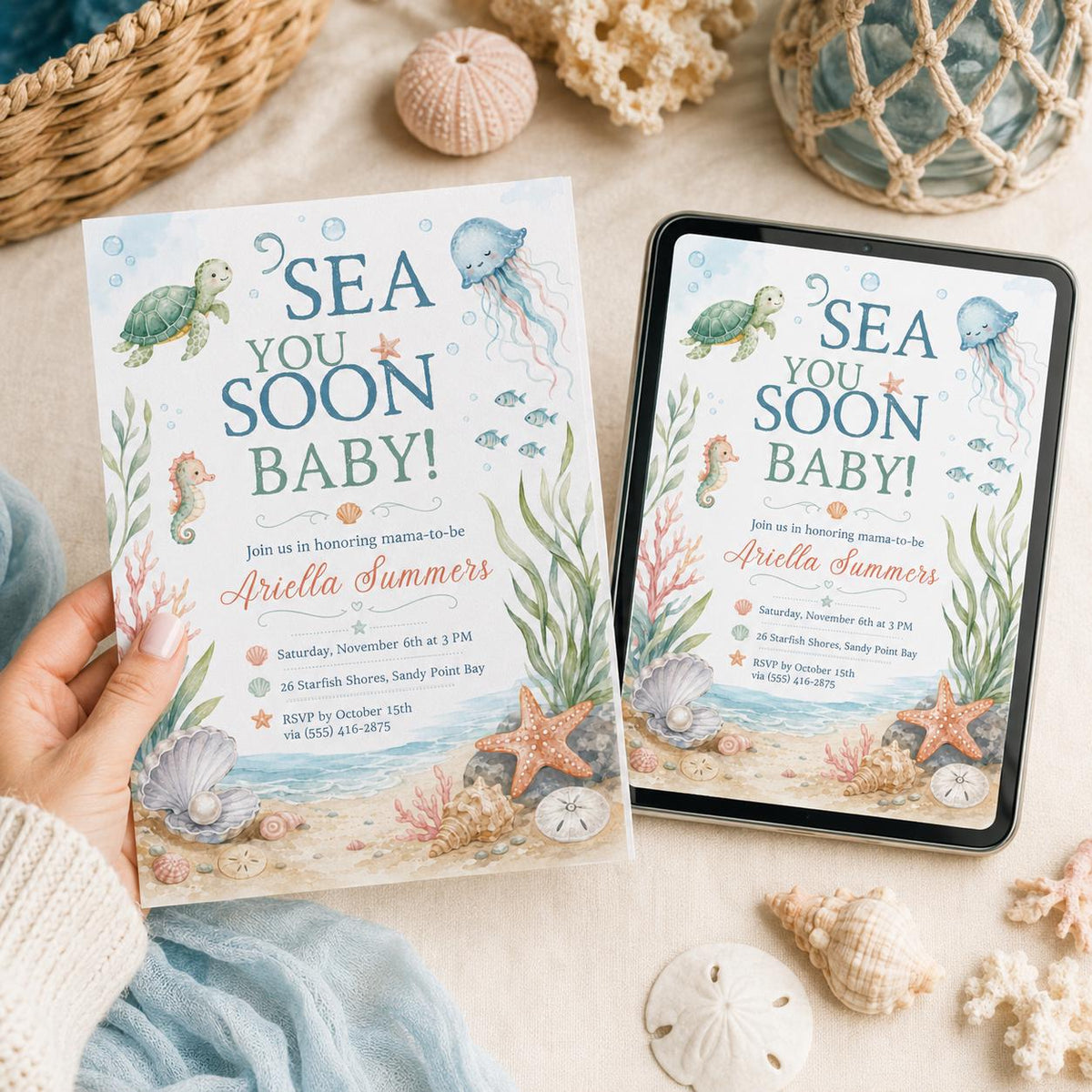 Sea You Soon Baby Shower Invitation, Under the Sea Ocean Animals Invite, Coastal Beach Printable,
