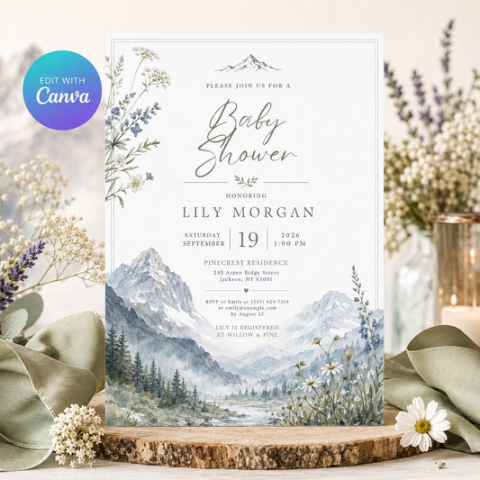 Neutral Watercolor Mountain Baby Shower Invitation — editable Canva template