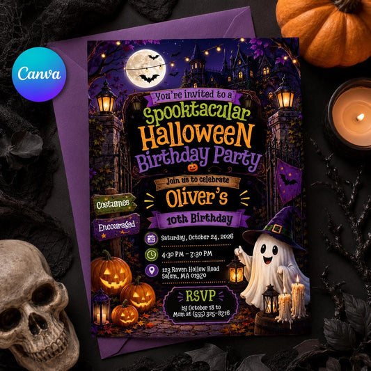 Pumpkin Spooktacular Halloween Birthday Invitation — editable Canva template