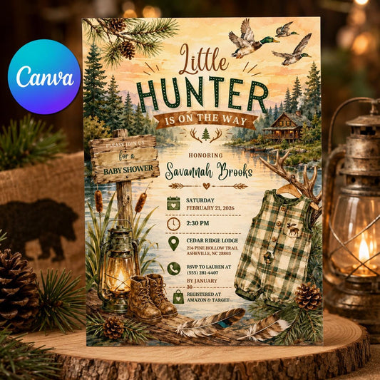 Rustic Little Hunter Baby Shower Invitation: Rustic Duck Hunting Boy — editable Canva template