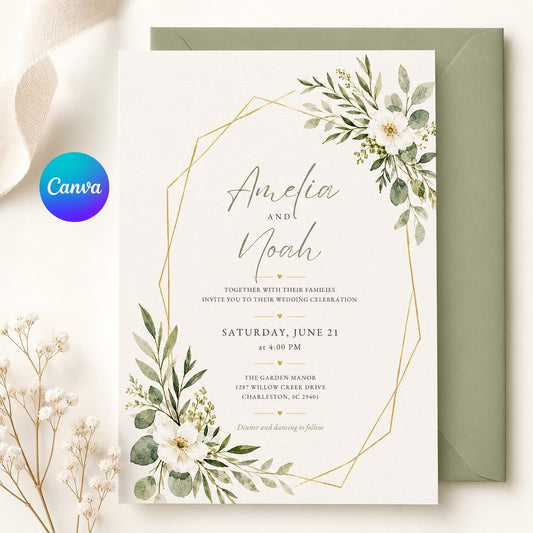 Sage Green Wedding Invitation Template, Botanical Floral Invite, Editable Printable Greenery Wedding Canva Template