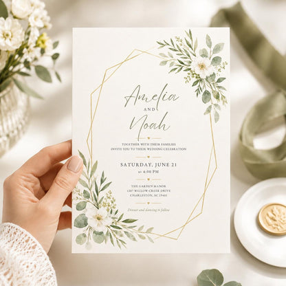 Sage Green Wedding Invitation Template, Botanical Floral Invite, Editable Printable Greenery Wedding Canva Template
