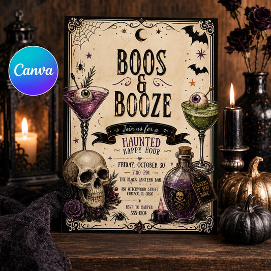 Vintage Gothic Boos and Booze Halloween Invitation — editable Canva template
