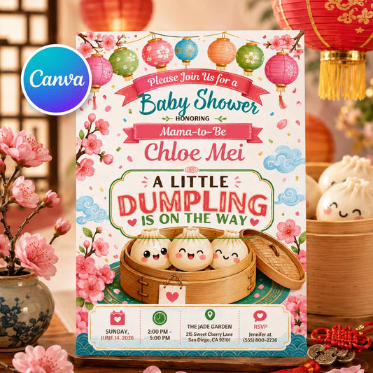 Dumpling Baby Shower Invitation: A Little Dumpling Is on the Way — editable Canva template