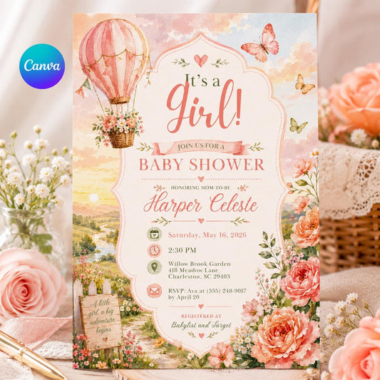 Pink Floral Girl Baby Shower Invitation — editable Canva template